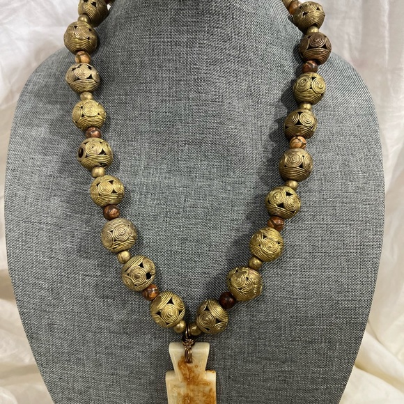 Statement Necklace Chunky Tribal Africa Cameroon Hand-carved Swirl Brass… - Picture 2 of 7